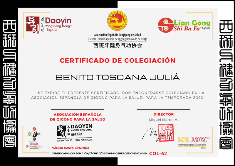 asociación española de qigong Certificado de colegiación AEQS